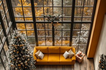 Wall Mural - Yellow Sofa with Christmas Tree and Gifts in Front of Window, Creating a Joyous New Year's Day Atmosphere. Wide-Angle Shot Captures Detailed Winter Scene Suitable for Background or Wallpaper.