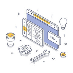 Wall Mural - computer displaying code with css and html icons, surrounded by design elements like a coffee cup an