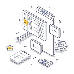 Wall Mural - web development tools in an isometric line art style, including code snippets, a notepad, and design