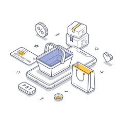 Arrangement of online shopping components including a shopping basket, a smartphone, payment icons, and delivered packages. Online ordering of food and parcel delivery. Modern isometric line art