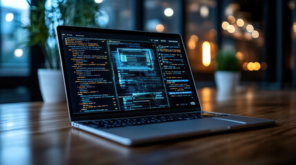 modern laptop displaying code on wooden table in cozy workspace