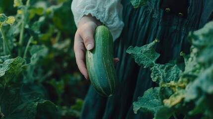 Poster - A Hand Holding a Freshly Harvested Cucumber in a Lush Green Garden