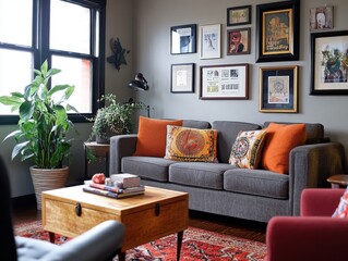 Cozy living room with framed memory boxes as wall art, showcasing family photos, tickets, personal items