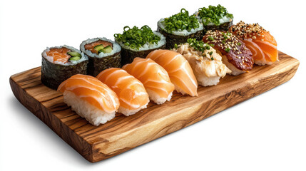 Wall Mural - Sushi platter with assorted sushi and rolls on wooden board