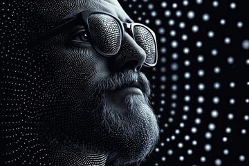 Leinwandbilder - Man with glasses surrounded by a swirling pattern of light and dots in a dark setting