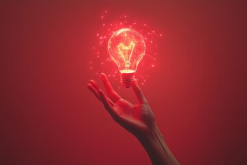 Poster - Hand holding a glowing red light bulb with sparkles against a vibrant background