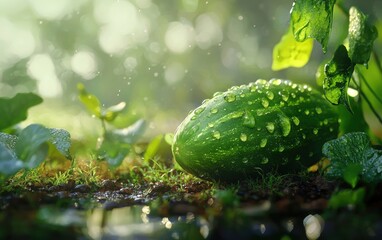 Wall Mural - Fresh cucumber with water droplets, placed against a softly blurred garden background