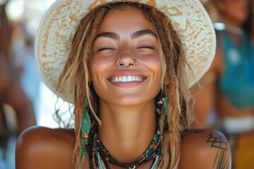 Wall Mural - Smiling young woman with dreadlocks wearing a hat and jewelry at a vibrant outdoor gathering in summer