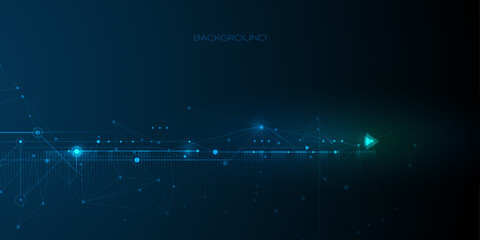 Fototapete - Vector molecule. Abstract internet network connection design for web site. Digital data, network communication, connected line with dot on blue background. Science and technology futuristic concept