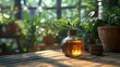 © budiyono - Sunlight on herbal oil in glass bottle, plant, wooden table, greenhouse background