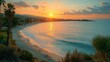 © budiyono - Sunset beach coastal view, ocean waves, peaceful evening scene, travel postcard
