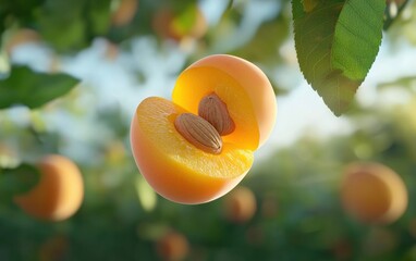 Wall Mural - Ripe apricot sliced in half, revealing its pit, floating over a softly blurred orchard background