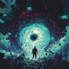 Wall Mural - Silhouette stands before a swirling vortex of vibrant colors