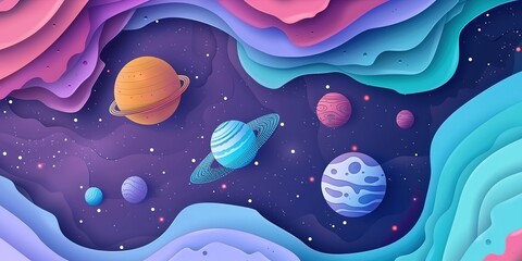 Wall Mural - paper craft nursery theme deep space with planets, stars with paper layers