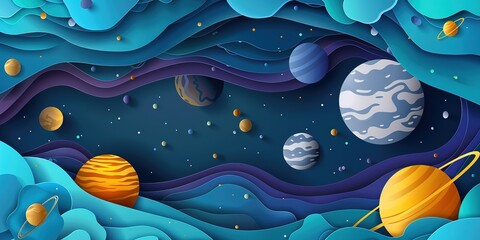 Wall Mural - paper craft nursery theme deep space with planets, stars with paper layers