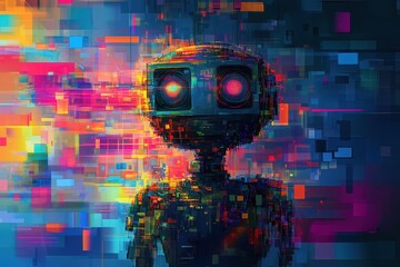 Poster - Digital robot standing against a colorful glitching abstract background