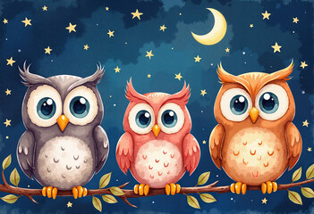 Cute watercolor cartoon owls with big eyes sitting on a branch under a midnight blue sky with stars and crescent moon, whimsical night magic theme.