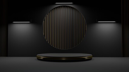 Wall Mural - Luxury black and gold round podium with dark empty room. 3D rendering