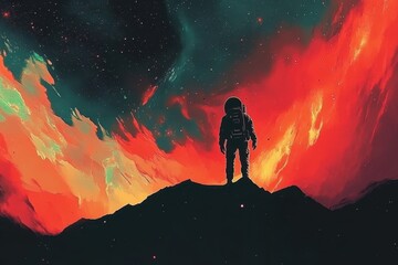 Wall Mural - solitary astronaut gazes upon fiery nebula from atop a peak