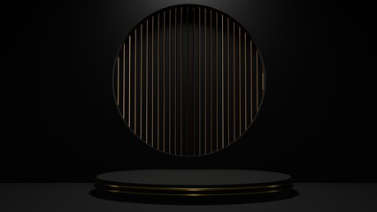 Wall Mural - Luxury black and gold round podium with dark empty room. 3D rendering