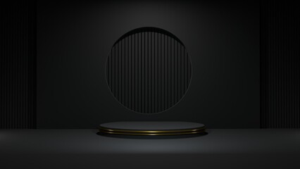 Wall Mural - Luxury black and gold round podium with dark empty room. 3D rendering