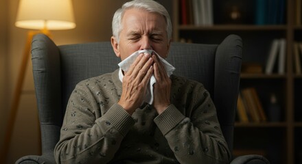 Elderly caucasian male sneezing indoors at home in comfortable chair