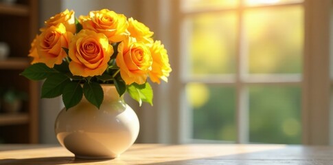 Wall Mural - Sunlit yellow and orange roses in elegant vase , luxury, interior