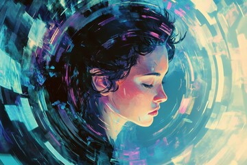 Wall Mural - Abstract digital painting depicting a young woman in contemplation