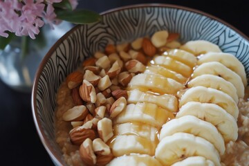 Wall Mural - Oatmeal porridge being prepared with banana slices, almonds and honey poured on top, healthy breakfast or snack