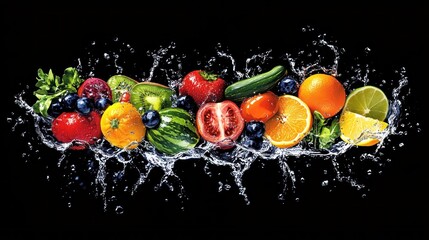 Poster - Vibrant Fruits and Vegetables Splashing in Water