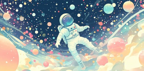 spaceman floats among colorful orbs and celestial clouds