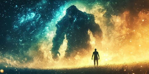 Wall Mural - Man faces a giant cosmic entity on a grassy field