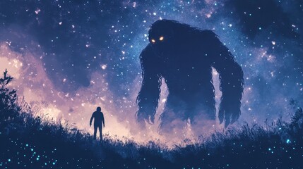 Wall Mural - Person confronts towering silhouetted figure amidst a starry night
