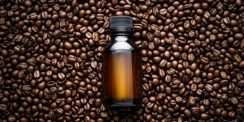 A close-up image of coffee beans with a bottle of dietary supplements in the foreground, suggesting a healthy lifestyle and wellness focus.