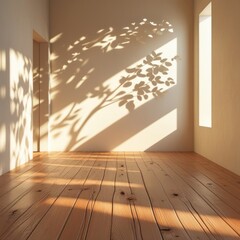 Wall Mural - Shadow fall from the window onto the wall and floor in empty living room, new room with wooden floor