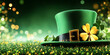 © zamuruev - Green leprechaun hat adorned with a gold buckle and a shamrock placed on a vivid green background filled with soft lighting and golden bokeh. This festive accessory adds charm to celebrations