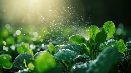 Wall Mural - Lush Green Leaves Covered with Sparkling Dew Drops on a Fresh Spring Morning