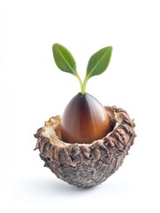 An acorn sprouting from its shell, signifying the growth and renewal in nature.