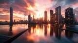 Dramatic Cityscape Sunset Reflected in Tranquil Waterfront