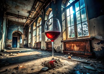 Wall Mural - Elegant red wine flows, illuminating decay; moody urban exploration photography captures an abandoned building's somber beauty.