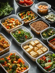 Wall Mural - Food in containers, meal prep for healthy eating, variety of vegetarian and plant-based meals, packed with nutrients, convenient and portable, includes fresh produce like broccoli.