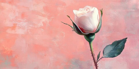 Wall Mural - Delicate white rose with soft pink background in oil painting