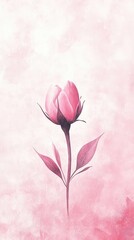 Wall Mural - Single pink rosebud with stem and leaves on pink background