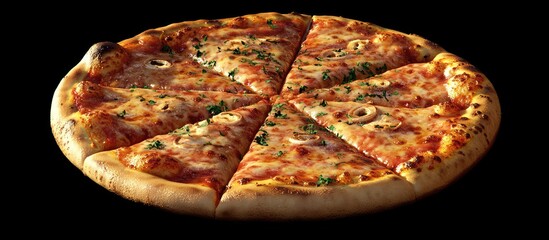 Wall Mural - Delicious round pizza topped with melted cheese, pepperoni and herbs, positioned centrally against a black background, exuding a mouthwatering appeal.