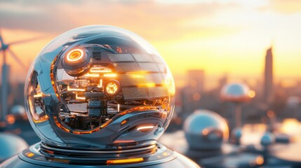 Poster - Futuristic Crystal Ball Reflecting Glowing Cityscape at Sunset