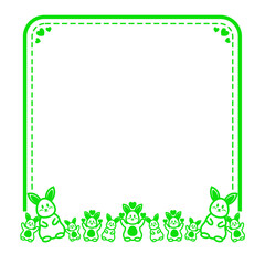 Wall Mural - green line dashed square frame with cute rabbit and heart