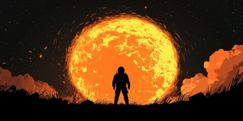 Wall Mural - Astronaut silhouetted against a massive burning celestial body