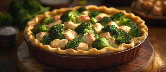 Wall Mural - Golden-brown casserole dish with tender chicken and vibrant green broccoli arranged on a wooden table in natural light showcasing comfort food.