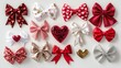© Lorraine - Assorted Valentine's Day ribbon bows in various shapes and sizes, featuring glittery heart patterns, metallic trims, and satin finishes on white
