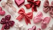 © Lorraine - Assorted Valentine's Day ribbon bows in various shapes and sizes, featuring glittery heart patterns, metallic trims, and satin finishes on white